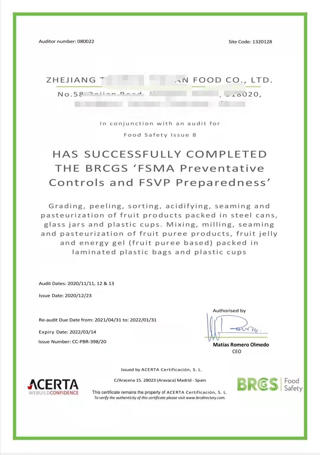 恭喜浙江XXX食品有限公司顺利获得BRC、IFS、FSMA证书！